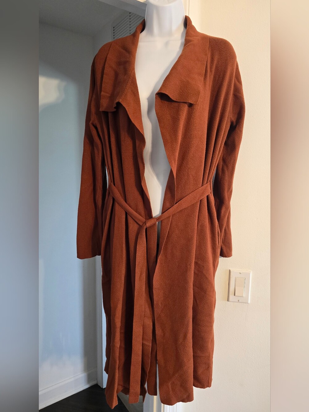 Magaschoni Womens Rust-Brown Open-Front Belted Cardigan Duster - Picture 6 of 7